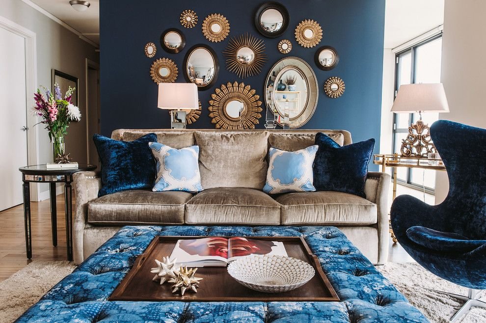 Create a sophisticated atmosphere with trendy blue and golden yellow