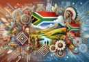 A vibrant and diverse digital artwork celebrating South African art for Blog Arcyart. The image should include traditional tribal patterns, modern abstract art, and peaceful landscapes. Use bright and dynamic colors to convey the cultural richness and artistic innovation. The background should subtly feature elements of a virtual gallery to represent Blog Arcyart's online platform.