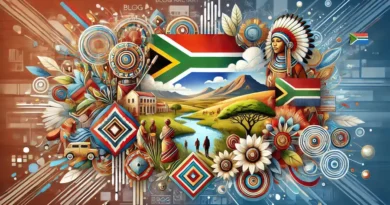 A vibrant and diverse digital artwork celebrating South African art for Blog Arcyart. The image should include traditional tribal patterns, modern abstract art, and peaceful landscapes. Use bright and dynamic colors to convey the cultural richness and artistic innovation. The background should subtly feature elements of a virtual gallery to represent Blog Arcyart's online platform.