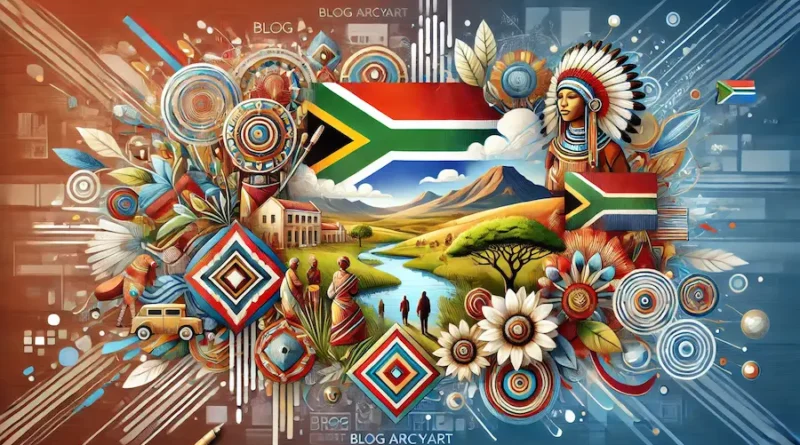 A vibrant and diverse digital artwork celebrating South African art for Blog Arcyart. The image should include traditional tribal patterns, modern abstract art, and peaceful landscapes. Use bright and dynamic colors to convey the cultural richness and artistic innovation. The background should subtly feature elements of a virtual gallery to represent Blog Arcyart's online platform.