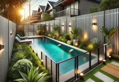 A backyard with a swimming pool surrounded by a stylish DIY fence. The fence is a combination of sleek aluminum and glass panels. There are lush green plants and solar-powered lights along the fence, enhancing the overall aesthetics. The pool area looks safe and inviting, perfect for families with children.