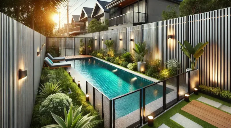 A backyard with a swimming pool surrounded by a stylish DIY fence. The fence is a combination of sleek aluminum and glass panels. There are lush green plants and solar-powered lights along the fence, enhancing the overall aesthetics. The pool area looks safe and inviting, perfect for families with children.