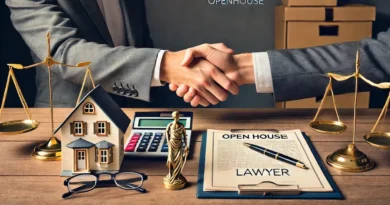 A scene depicting a lawyer's office with a handshake happening on the left side of the image. On the right side, there is a person writing on a clipboard with a pen. The desk has various items including a pair of glasses, a small house model, and some gold-colored scales. The overall setting is professional and suggests a legal consultation. In the middle of the image, add the text 'Openhouseperth.net Lawyer' with correct spelling.