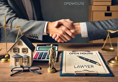 A scene depicting a lawyer's office with a handshake happening on the left side of the image. On the right side, there is a person writing on a clipboard with a pen. The desk has various items including a pair of glasses, a small house model, and some gold-colored scales. The overall setting is professional and suggests a legal consultation. In the middle of the image, add the text 'Openhouseperth.net Lawyer' with correct spelling.